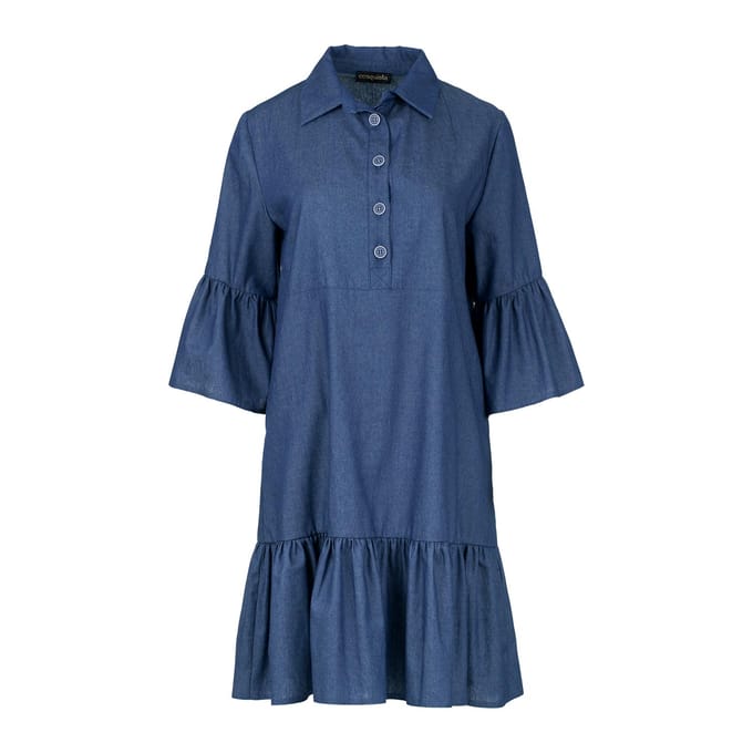 Denim Jurk met Klokmouwen en Ruches