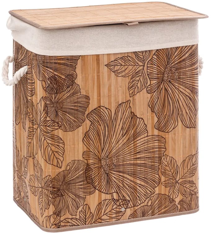 5Five Wasmand met deksel - bamboe hout - 60 Liter- naturel wit - 43 x 31 x 50 cm - Flora print