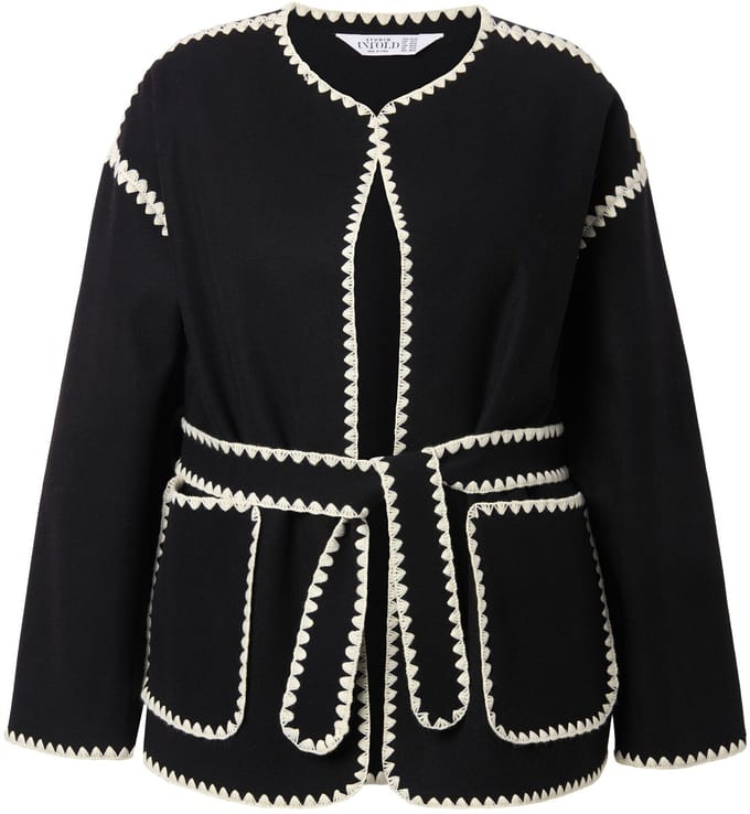Studio Untold - Dames - Jasje oversized wollen look randen met borduursels - Zwart - Maat 42+