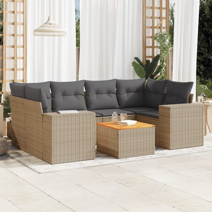 vidaXL - 7-delige - Loungeset - met - kussens - poly - rattan - beige