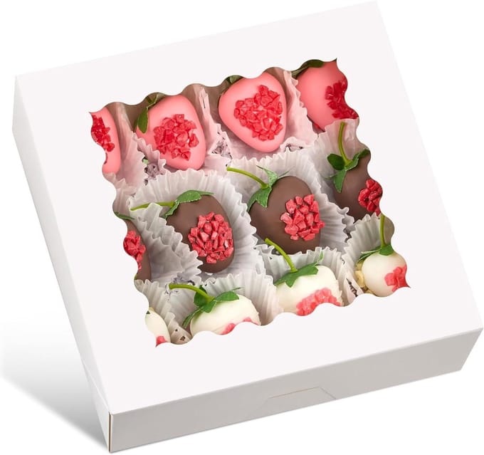 Ocmoiy 20 x 20 x 2.5 inch bakery boxes with window, 20 pcs automatic pop up cake boxes, white cookie boxes for strawberries covered with chocolate, cocoa bombs, donuts, muffins, pastries