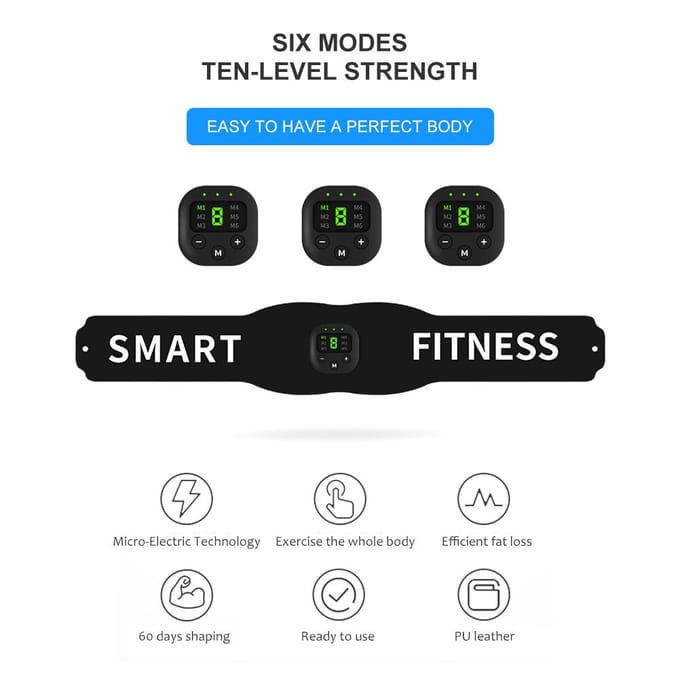 6 Modi Buik Taille Trimmer Buikspier Stimulator Riem Platte en Buik Workout Verstevigende Massager zwart