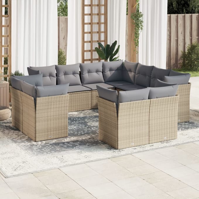 vidaXL - 11-delige - Tuinset - met - kussens - poly - rattan - beige