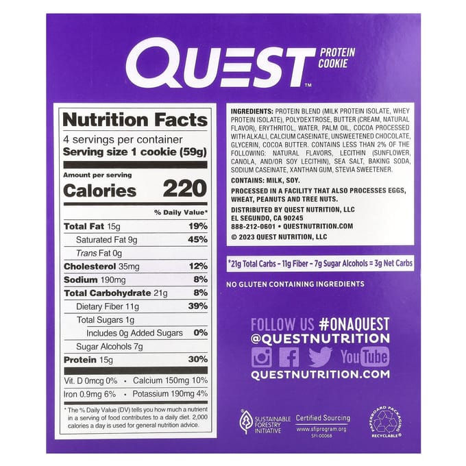 Quest Nutrition, Cookies Protéinés, Pépites de Chocolat Double, 4 Paquets, 2,08 oz (59 grammes) chaque