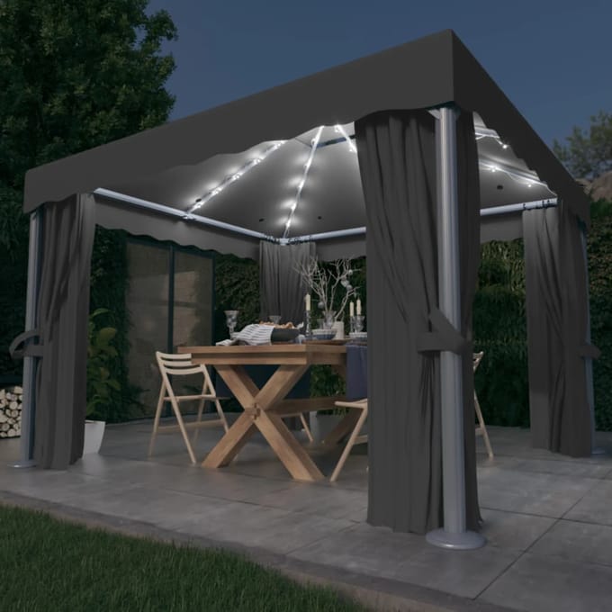 vidaXL - Prieel - met - gordijn - en - LED-lichtslinger - 3x3 - m - antracietkleurig