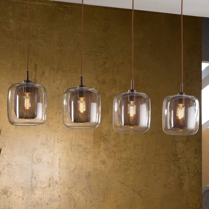 Schuller Valencia Hanglamp Fox, 4-lamps, dubbele kappen, glas