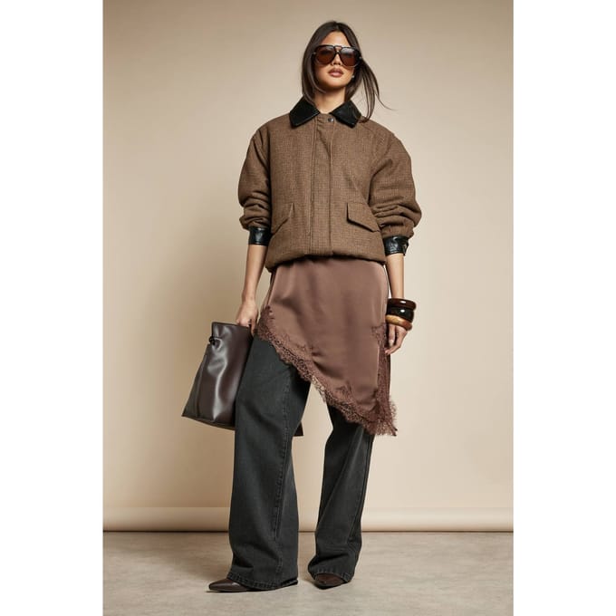 boohoo Dames Oversized Check Wool Look Bomber Jacket | Brown | Maat: 8