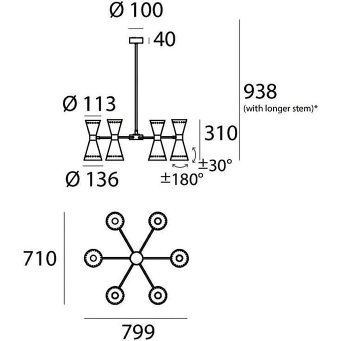 Stilnovo hanglamp Megafono, lengte 80 cm, zwart, 12-lamps.