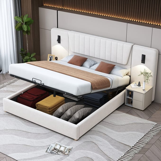 MODFU Bedframe 180x200 cm – Fluweel beige – Met 2 leeslampen, USB & hydraulische opbergruimte
