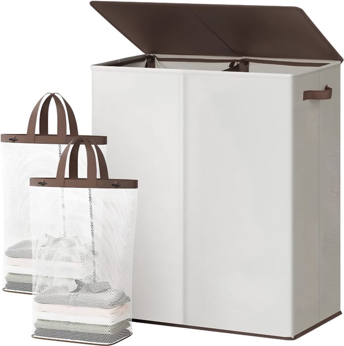 Wasmand - 145L - Wasmand 2 Vakken - Wasmand met Deksel - Gebroken Wit - 58cm x 38cm x 67cm