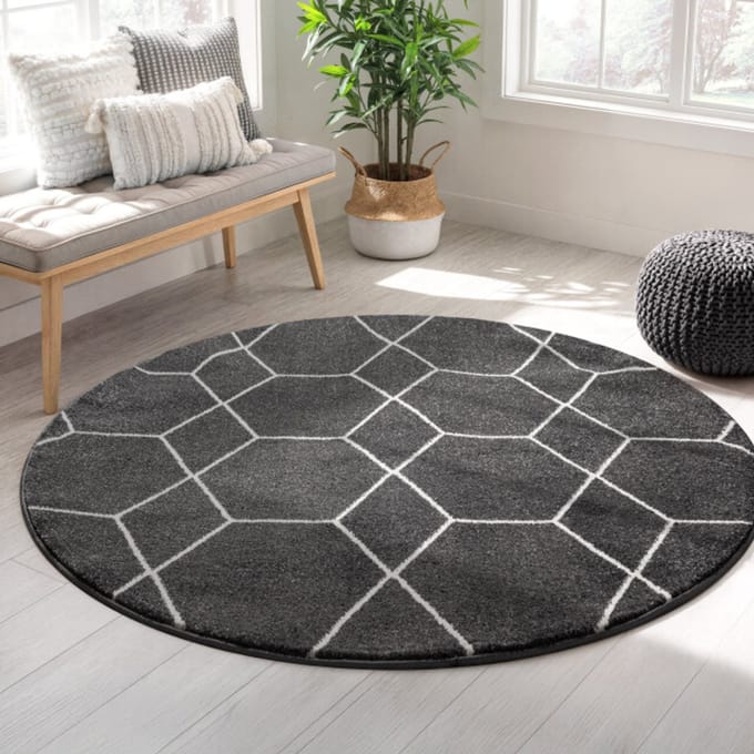Muratap Trellis uni rond effen laagpolig vloerkleed modern donker 150 cm rond