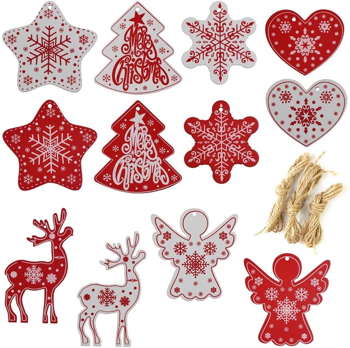 Cosensi - 12 Stuks Houten Kerstboomversiering met Jute Koord
