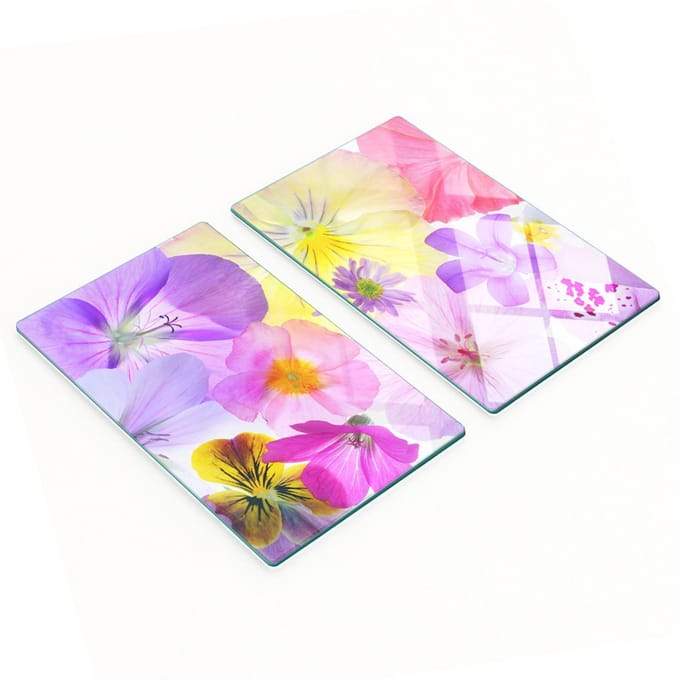 Set van snijplanken van gehard glas met viooltjespatroon, 2x30x52 cm
