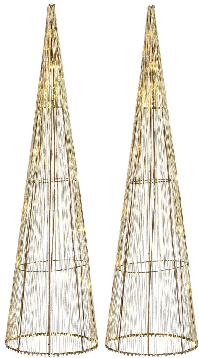 Mica Decorations LED kegel - 2x - kerstboom lamp - goud - polyester/metaal - H60 cm - kerstverlichting