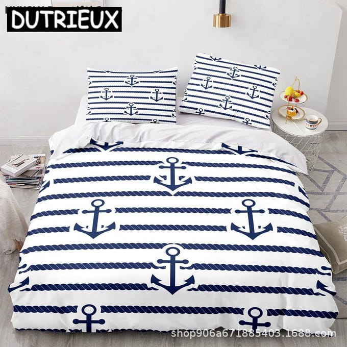 Ancre de Navire Design Nautique 3D Housse de Lit Taies d'Oreiller Mer Housse de Couette Usage Domestique Décor Cadeau Mode Taille Simple Dimension Queen Taille King Polyester Lit AU Queen(210x210cm)