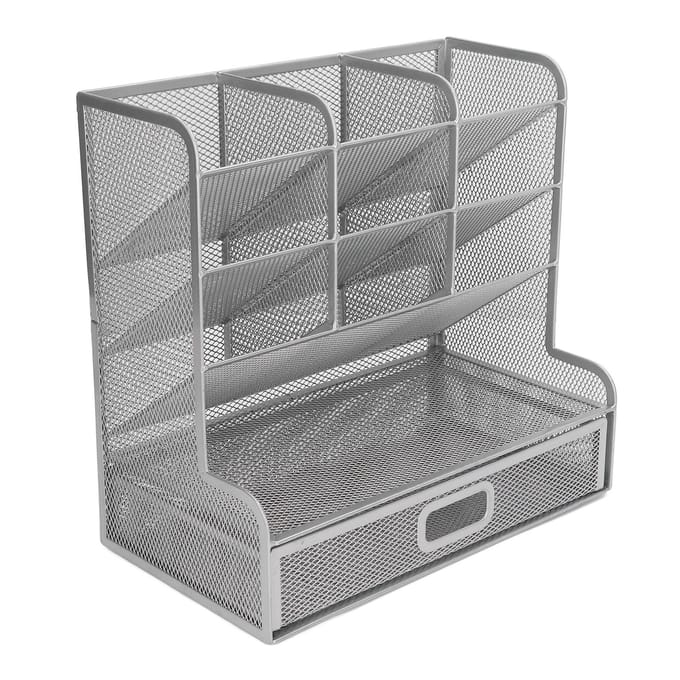 Mesh Pennenbak 9 Vakken met 1 Uitschuiflade Staande Opbergruimte IJzer Multifunctionele Pen gray