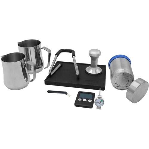 GGM Gastro Barista Kit - 10-teilig - inkl. 2 Milchkännchen, Tamper, Bürste, Timer & Thermometer Zilver