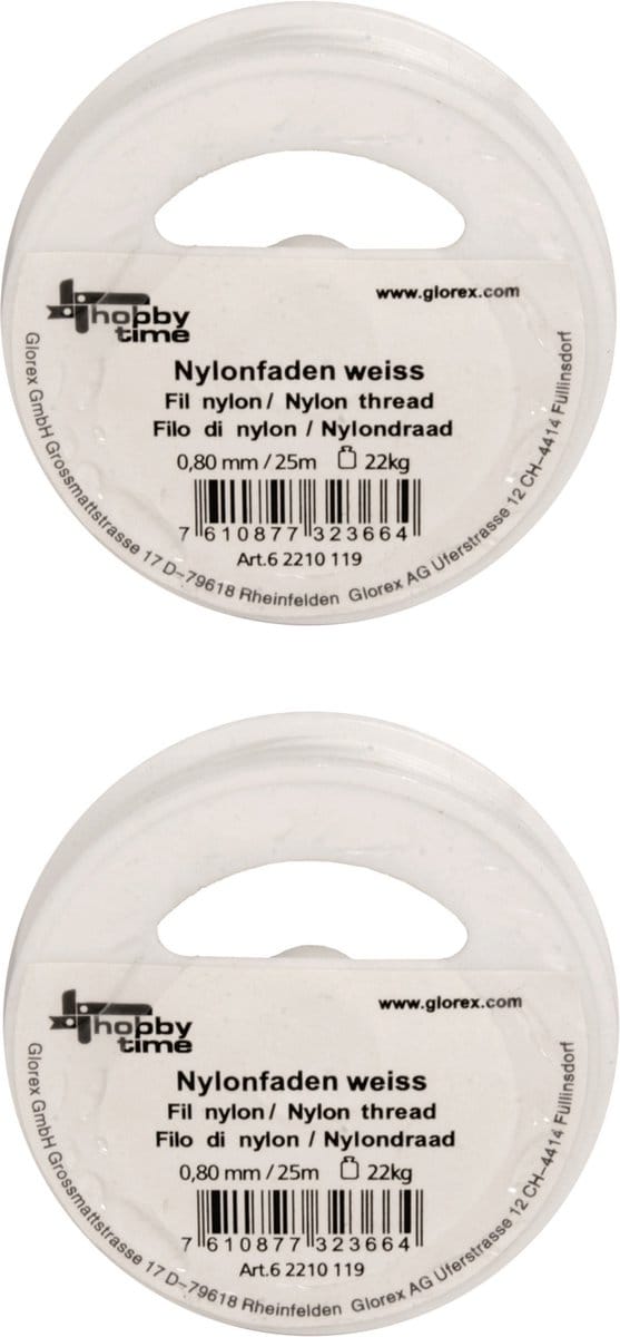 Glorex hobby nylon draad - 2x rollen - wit - 0.8 mm x 25 meter - knutselen - scheurvast