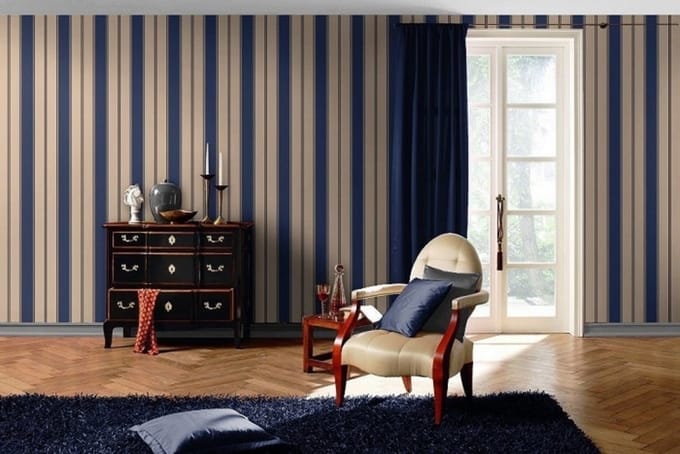 BLAUW STREPEN BEHANG RASCH LOUNGE