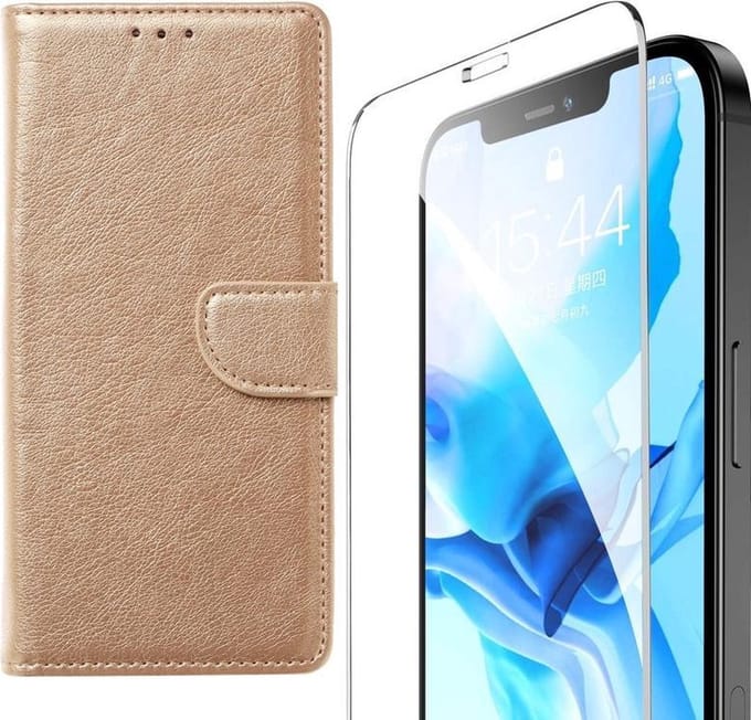 Bookcase Geschikt voor: iPhone 12 Pro Max - Goud - portemonee hoesje + 2X Tempered Glas Screenprotector
