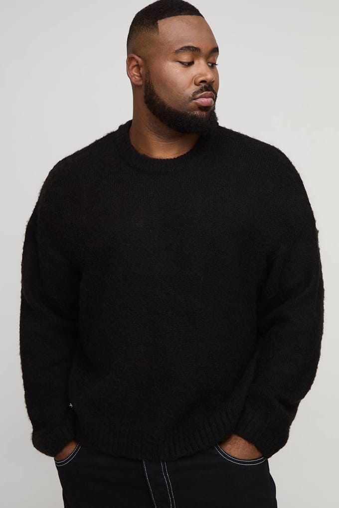 Plus Basic Boxy Fit Geborsteld Gebreide Trui | Black | Size 2XL