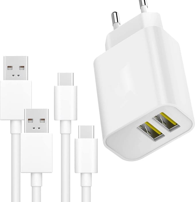 Oplaadstekker + 2x USB C naar USB A Kabel - 12W/2.4A - 2 Meter - Wit - Oplader Lader Stekker Oplaadkabel Snoer