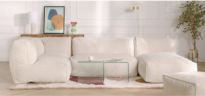 Vente-unique Poef van beige ribfluweel NOUMARA