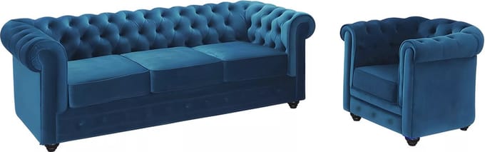 Vente-unique Driezitsbank en fauteuil CHESTERFIELD - velours - groenblauw