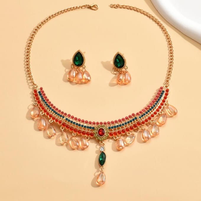 Mode Metaal Retro Waaier Waterdruppel Parel Tweedelige Set Ketting Oorbellen Combinatieset rood