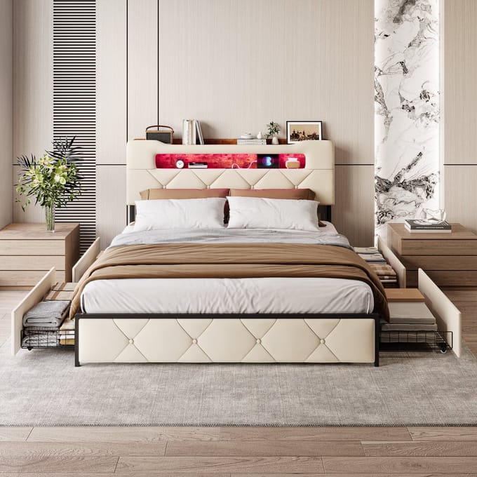 Bedframe 160x200 – met Lades & Opbergruimte – LED & USB-C – Fluweel Beige