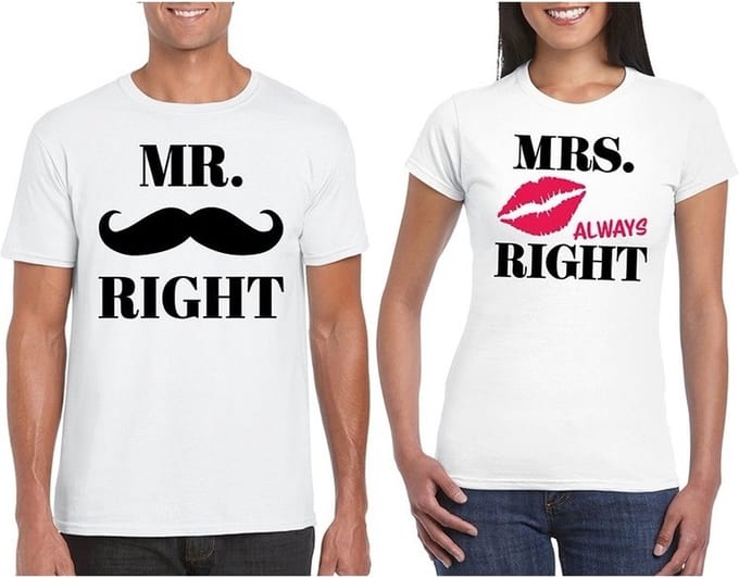 Mr. Right & Mrs. Always Right koppel t-shirts wit maat L