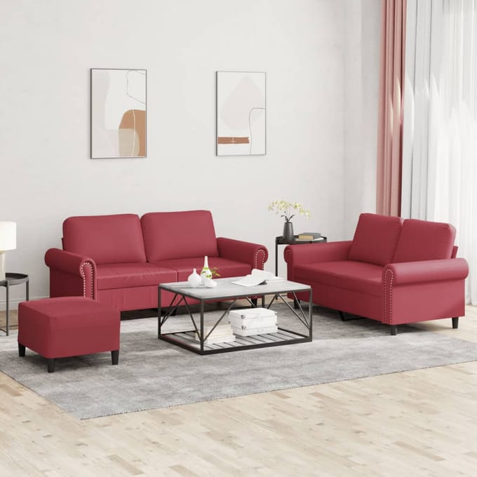 vidaXL - 3-delige - Loungeset - met - kussens - kunstleer - wijnrood
