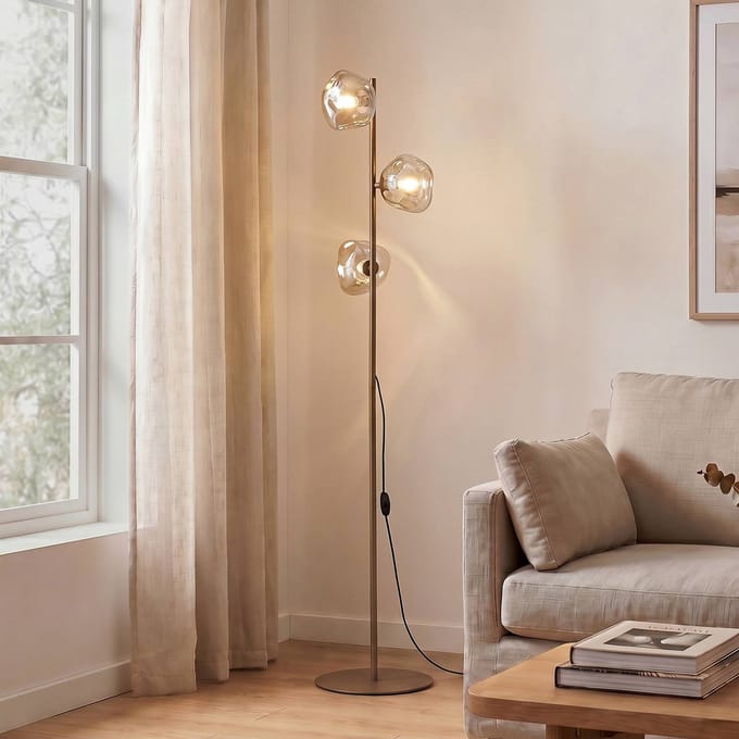 TK Lighting Vloerlamp Lava, zand/cognac, glas, 151 cm, 3-lamps, G9