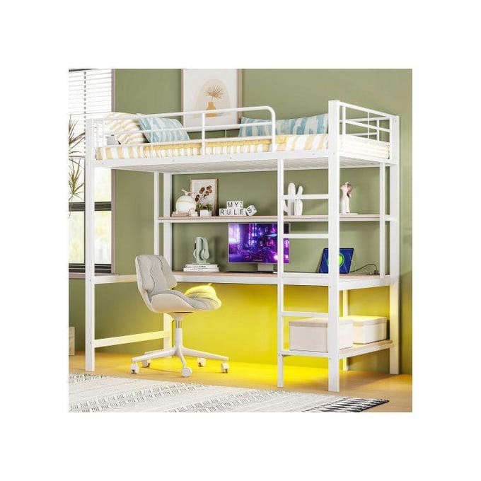 Lit mezzanine - MUVOE - 90x200 cm - Blanc - Prises USB et électrique - Éclairage 7 couleurs blanc