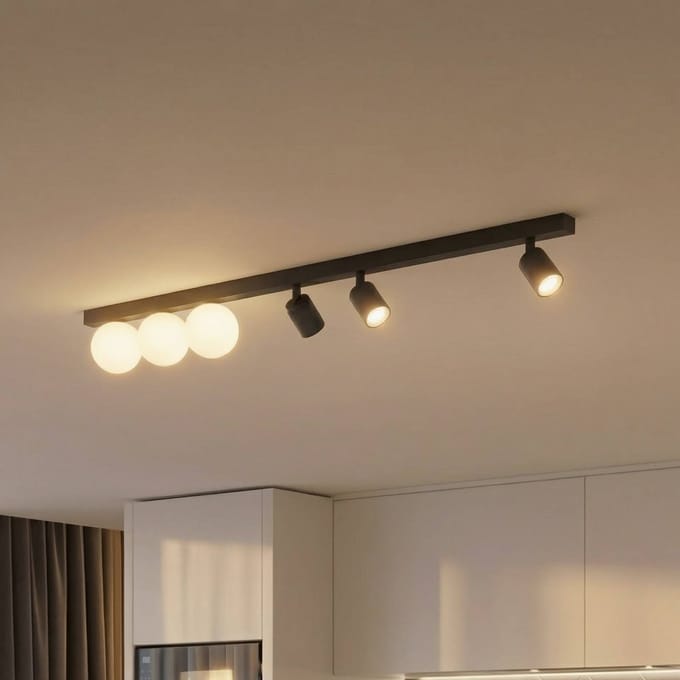 TK Lighting Plafondlamp Vox, 6-lamps, glas, zwart, lengte 159 cm