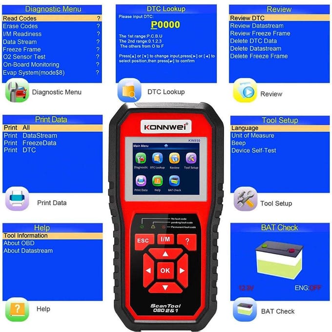 KONNWEI OBDII-scannercodelezer (KW850) Professionele OBDII Anto Scanner autodiagnostische controle rood