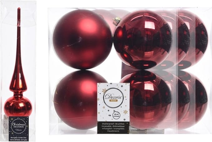 Kerstboom decoratie rood piek en 12x kerstballen 10 cm