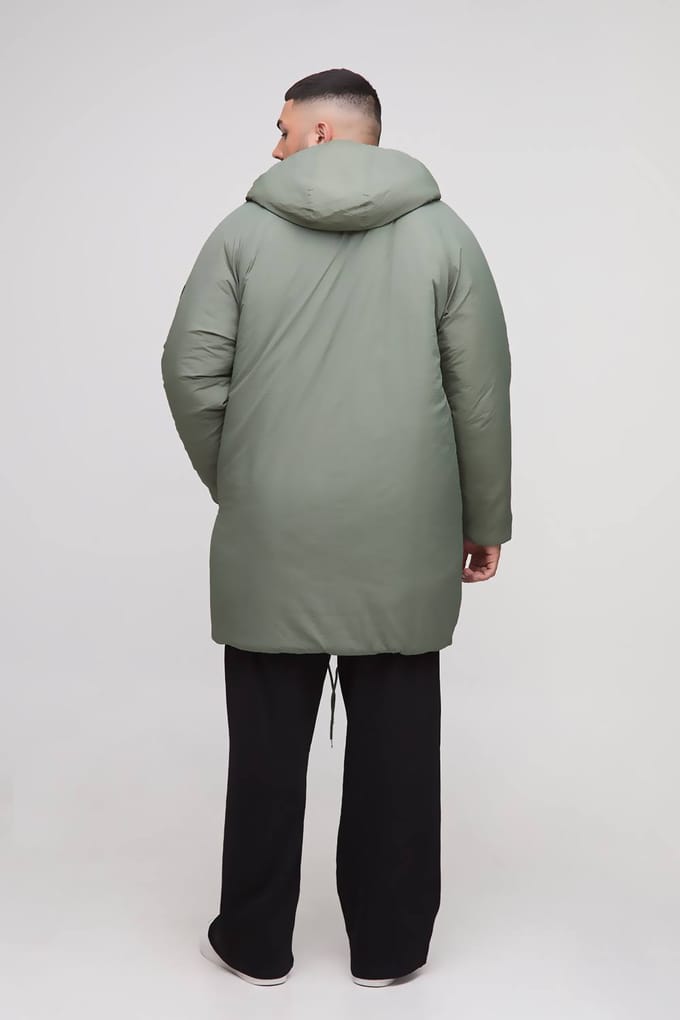 Plus Regular Fit Longline Hooded Zip Up Padded Parka Jacket | Khaki | Size 2XL