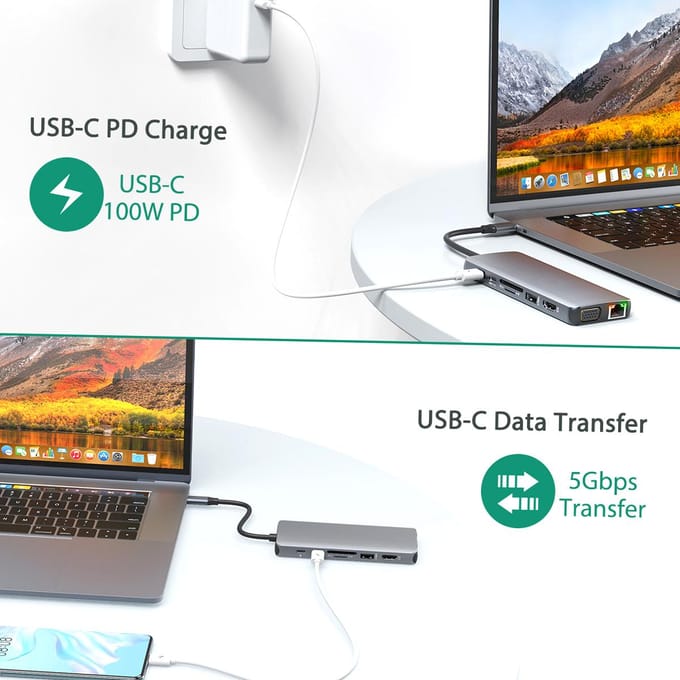 Dodocool 14-in-1 USB C-hub 4K USB C naar HDMI VGA Gigabit Ethernet 100W PD SD/TF-kaartlezer Type-C gray