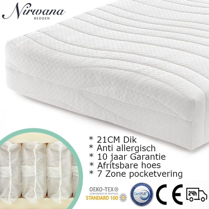 Nirwana Bedden Matras - Stevig - Pocketveer matras - Eenpersoons matras - 90x190x21 Kouschuim