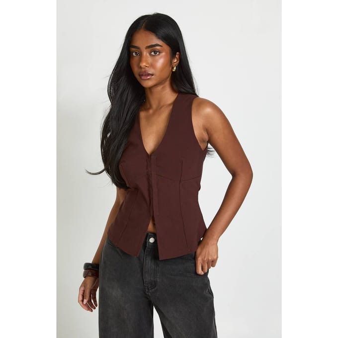 boohoo Dames Bengaline Gilet Met Haaksluiting | Chocoladebruin | Maat: 36