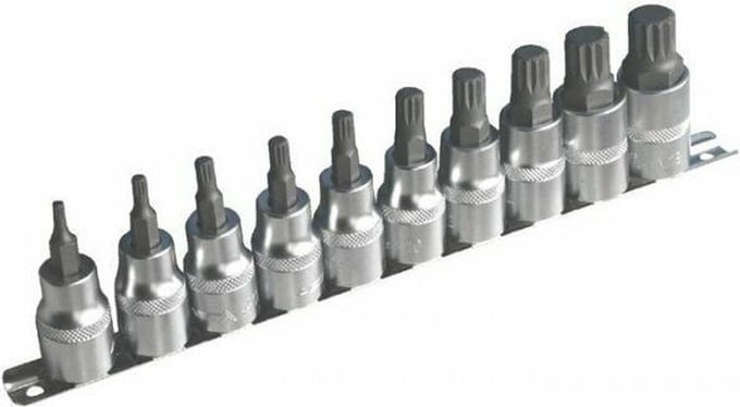 Spline doppen 10 delige set op rail - Veeltanddop bitten set - 12 tand bit