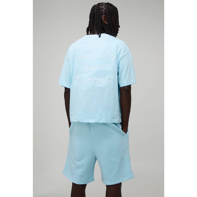Oversized Boxy T-shirt & Baggy Short Set Met Geborduurd Luxe Jacht Motief | Blue | Size Medium