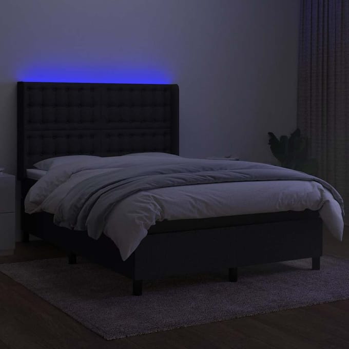 vidaXL - Boxspring - met - matras - en - LED - stof - zwart - 140x190 - cm