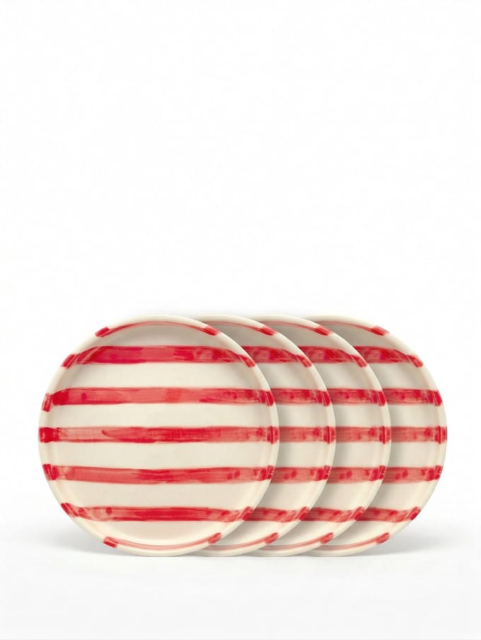 vtwonen - Borden - Gebaksbord - Strepen - Rood - Set van 4 - Keramiek - 13cm