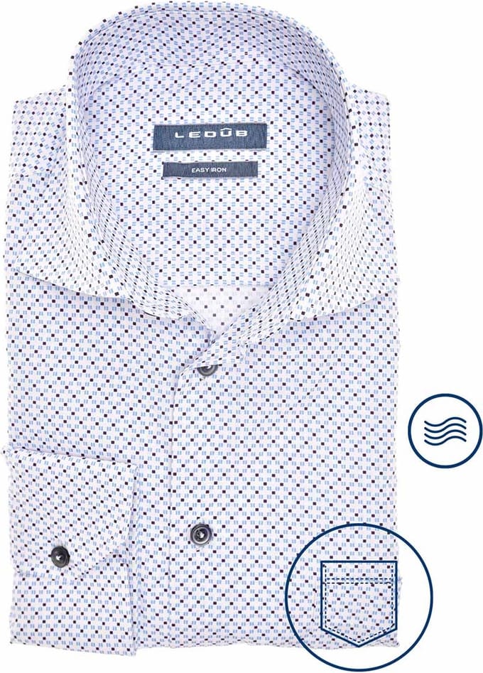 Ledub modern fit overhemd - popeline - wit met blauw dessin - Strijkvriendelijk - Boordmaat: 43