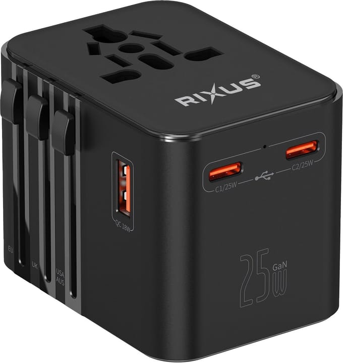Rixus RX3425 World Travel Adapter 25W With 3 USB Ports Black