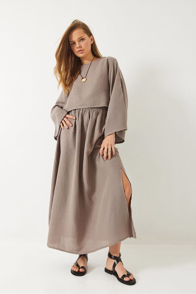 Getextureerde Crew Neck Blouse en Rok Set
