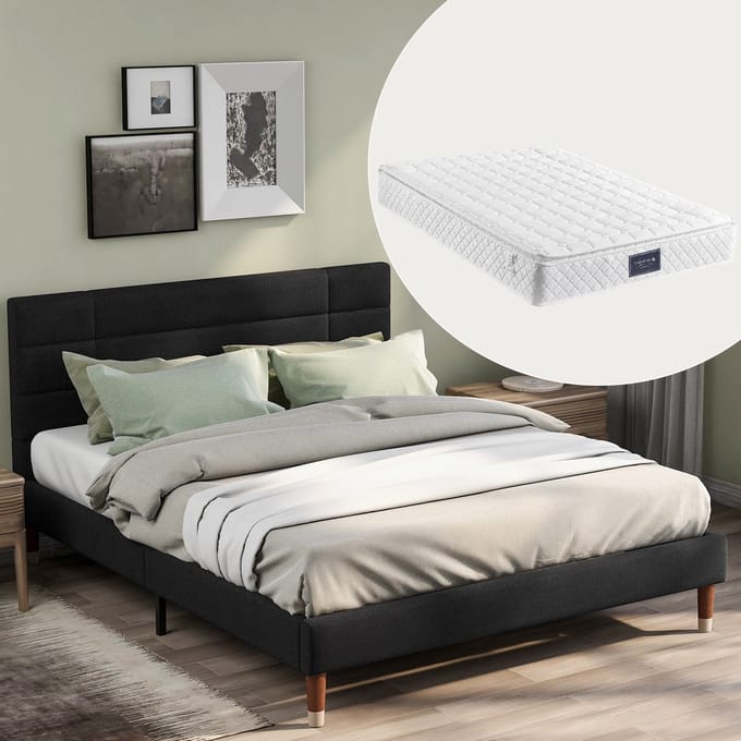 Tweepersoonsbed - 140x200 cm - Gestoffeerd Bed met Matras - Modern Design - Linnen - Zwart