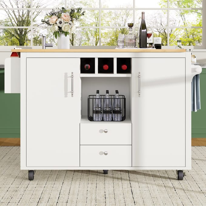 MODFU Keukeneiland - Inklapbaar Werkblad - Verrijdbaar - MDF En Metaal - Wit - 137,9 X 73 X 92,2 Cm